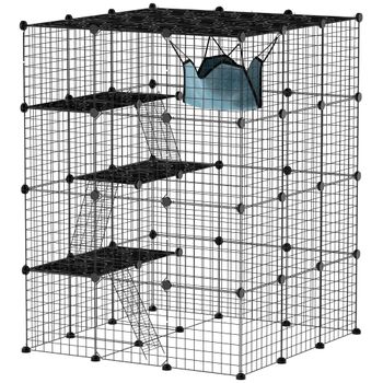 Jaula Grande para Gatos Interior de 4 Niveles con 5 Puertas 3 Plataformas de Salto 3 Rampas Hamaca 105x105x140 cm Negro