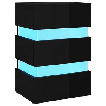 Mesita De Noche | Mesilla De Noche Led Madera Ingeniería Negro Brillo 45x35x67 Cm