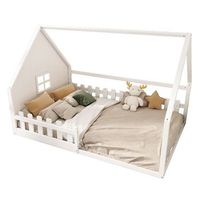 cama infantil de madera de pino tipo casa con barandilla 140 x 200 cm blanca