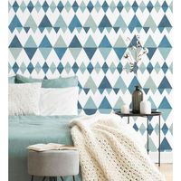 papel pintado vinilico ecologico nordico de rombos azules y turquesas - hans metrix 679421 de gaulan - rollo de 10 m x 053 m