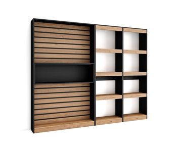 Librería estantería, estanteria libros de pared, 230x25x186cm, salón, comedor, oficina, con almacenaje, estilo moderno, roble y negro