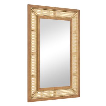Costway Espejo de Pared de Ratán Decorativo Rectangular Estilo Bohemio con Marco de Madera Colgante Vertical u Horizontal para Baño 90 x 60 cm