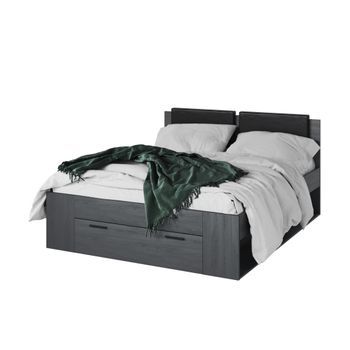 Cama De Adulto 160x200 Con Somier Y Cajones Integrados - Colección Floyd. Color Gris Efecto Madera.