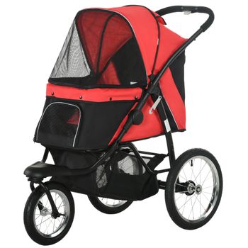 PawHut Carrito para Perros, plegable, Protección Solar, Ventanas de Red, Cesta de Almacenamiento, Rojo, 111 x 58 x 107 cm