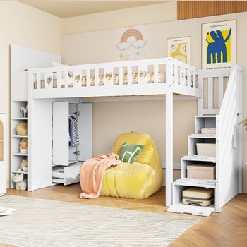 Cama Alta 90x200 Con Escalera De Almacenamiento, Estantes Y Armario, Blanco