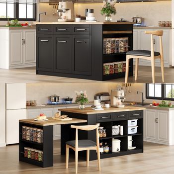 Isla De Cocina Negra De 150 Cm Con Mesa Extraíble Y Encimera Efecto Madera
