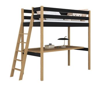 Cama alta de madera con escritorio n02 negro / roble