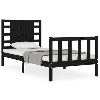 Cama Individual | Cama Para Adultos | Estructura De Cama Con Cabecero Madera Maciza Negro 100x200 Cm