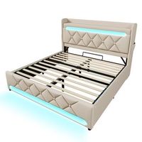 cama doble capitonada 160x200cm led 360 cabecero con almacenamiento usb-c hidraulico lino colchon 620 resortes base incluida beige