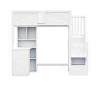 cama alta madera maciza 90 x 200 cm - barandilla seguridad con ventana armarios escritorio cajones y escalera lateral intercambiable - blanco