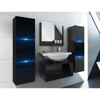 Conjunto De 3 Muebles De Baño Negros Colección Owl. 2 Columnas, Mueble Bajo Lavabo, Espejo.