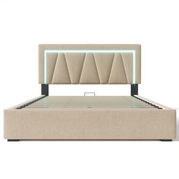 Cama Con Canapé Tapizada 140x200cm Con Led Y Puerto De Carga Usb Y Tipo C Tela De Lino Somier De Láminas Beige