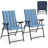 costway juego de 2 sillas plegables con estructura metal asiento acolchado respaldo reposabrazos para playa picnic carga 150kg azul rayas