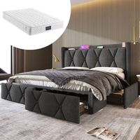 cama tapizada 140 x 200 cm con cabecero y 4 cajones - usb - tejido lino - gris  colchon