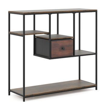 Costway Mesa Consola 100cm con Almacenamiento Cajón y Estantería 4 Niveles Estilo Industrial para Sala y Pasillo Café