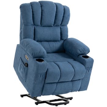 HOMCOM Sillón Relax Reclinable Eléctrico Levanta Personas Masaje Vibratorio y Calor Asiento Ancho USB-C USB-A Bolsillos Azul   Aosom España