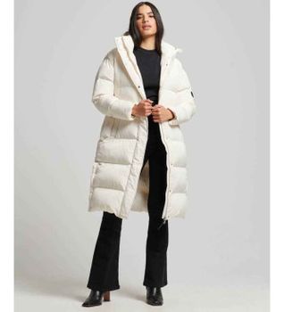 Superdry para mujer. W5011642A Abrigo largo acolchado con capucha blanco (L), Casual, Poliéster