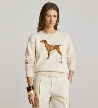 Lauren Ralph Lauren para mujer. 200P14120001 Jersey de algodón con perro de intarsia blanco crema (XL), Casual