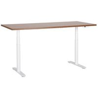 escritorio de altura regulable electrico diseno moderno patas redondas 180 x 80 cm tablero madera oscura soporte de acero blanco destinas