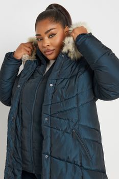 Yours Abrigo Midi Azul Marino Acolchado Con Capucha, Mujer Curvy Y Tallas Grandes, Yours