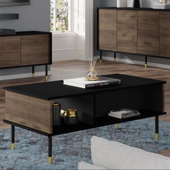 Mesa de centro 110 cm madera y negra paneles laminados madera y negro