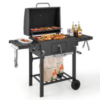 costway parrilla de carbon con area de coccion grande 2 mesas laterales plegables 8 ganchos 2 ruedas y abridor de botellas
