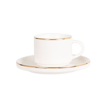 Taza de café y platillo de porcelana blanca y dorada