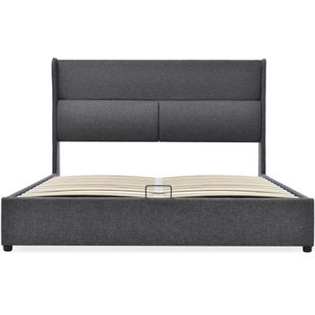 Cama Contenedor 160x200cm Con Cabecero Ajustable En Tejido De Lino Gris