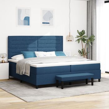 Cama Box Spring Con Colchón Y Banco Azul 200x200 Cm Tela V0697 Unico / Azul