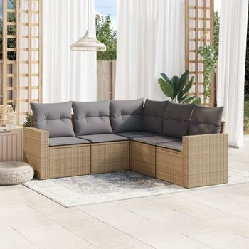 Conjunto De Sofás Jardín Con Cojines 5 Uds | Mueble Jardin Mesa Y Sillas Ratán Sintético Beige Cfw126155