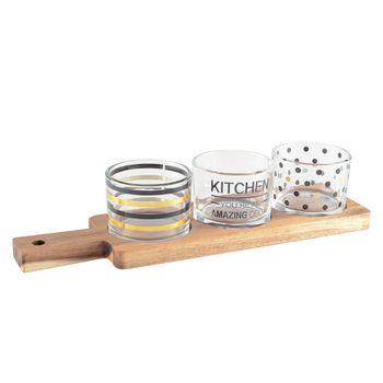 Set de aperitivo de 3 vasos con bandeja de madera 29.5x8x6.1cm