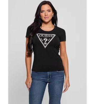 Guess para mujer. W5RI11J1314 Camiseta logotipo Shiny negro (XS), Casual, Algodón, Manga corta