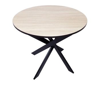 Mesa de comedor redonda, modelo zen, 90x90x77cm, para 4 personas, color roble y borde negro con patas metálicas color negro lacado mate