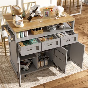 Isla De Cocina - Gris - Estante Ajustable - Ruedas Giratorias - Almacenamiento Multifuncional