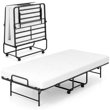 Costway Cama Portátil Plegable con Colchón Estructura Metálica Ruedas Bloqueables 194 x 90 x 40cm Blanco