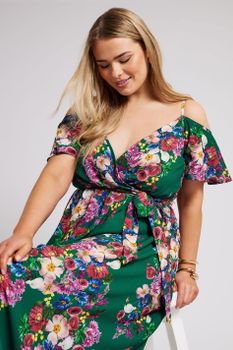 Yours London Vestido Verde Esmeralda De Flores Con Hombros Descubiertos, Mujer Curvy Y Tallas Grandes, Yours London