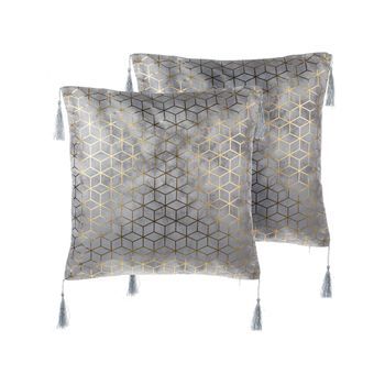 Conjunto De Cojines Decorativos Plateado Jacquard 45 X 45 Cm Con Borlas Patrón Geométrico Decoración Moderna Glam Yarina