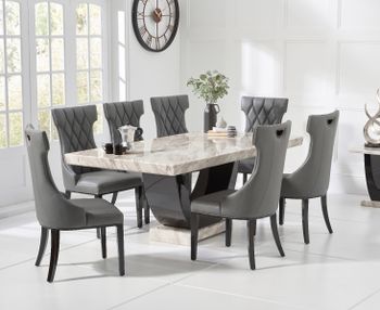 Raphael 200cm Cream and Black Pedestal Marble Dining Table with Freya Chairs