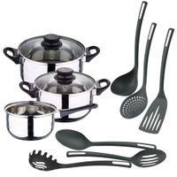 bateria de cocina de acero inox con utensilios de cocina negro