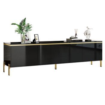 Mueble Tv Negro Alto Brillo, Mesa De Tv 170 Cm Con 4 Puertas Y Patas De Metal, Tablero Pb