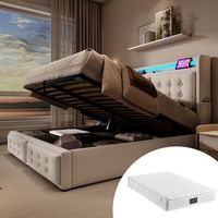 cama tapizada doble 140x200 con cabecera led carga usb c somier de lamas marco de maderametal hidraulica beige algodon con colchon