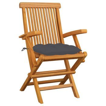 Pack 3 Uds Sillas De Jardín | Silla De Exterior | Sillón Madera Teca Con Cojines Gris Antracita