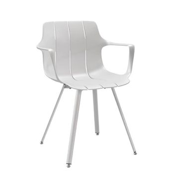 Silla moderna en polipropileno blanco con reposabrazos.