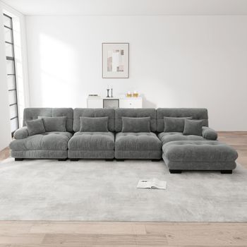 Sofá Modular En L, 4 Plazas Cómodo Cloud Con Puff Móvil, Chenilla Gris, Conjunto Diy Para Salón