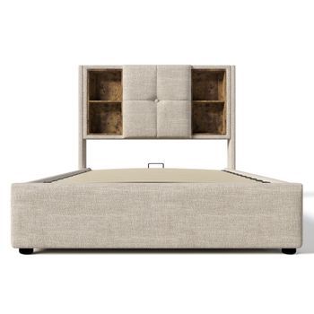 Cama Canapé Tapizada 90x200cm Con Cabezal De Almacenamiento Y Carga Inalámbrica Tela De Lino Beige