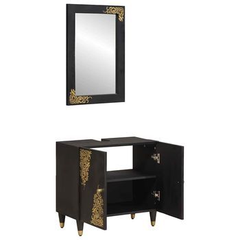 Juego De Muebles De Baño | Armario De Baño 2 Piezas Negro Madera De Mango Maciza