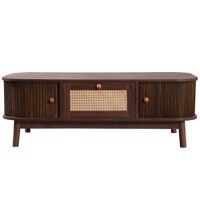 mesa de centro vintage efecto nogal y ratan 1 cajon y 2 nichos