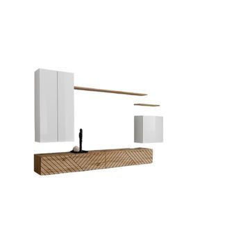 Conjunto De Muebles Para Sala Switch Ii De Diseño, Color Blanco Y Roble Wotan. Acabados En Blanco Brillante Y Roble Fresado.