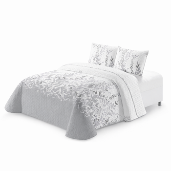 DECOCASA Colcha Bouti Acolchada Ligera Estampado Hojas – Tonos Gris y Blanco