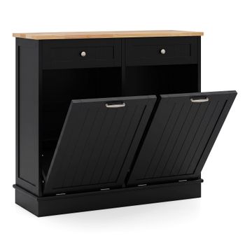 Costway Armario de Basura Doble Puerta Abatible con Dos Cajones Amplia Encimera de Madera de Caucho y Tabla de Cortar 100 x 33 x 90 cm Negro